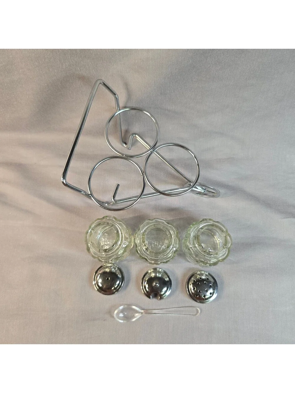 Vintage Mid-Century Chrome Wheelbarrow Condiment Set Salt, Pepper, Mustard Cruet